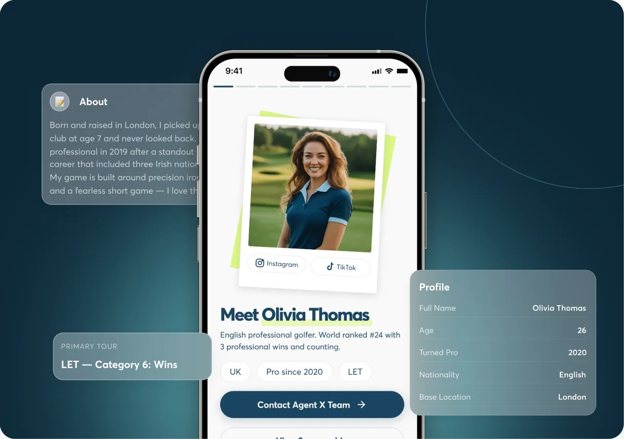 Athlete commercial profile shown in the Sports Agent X app