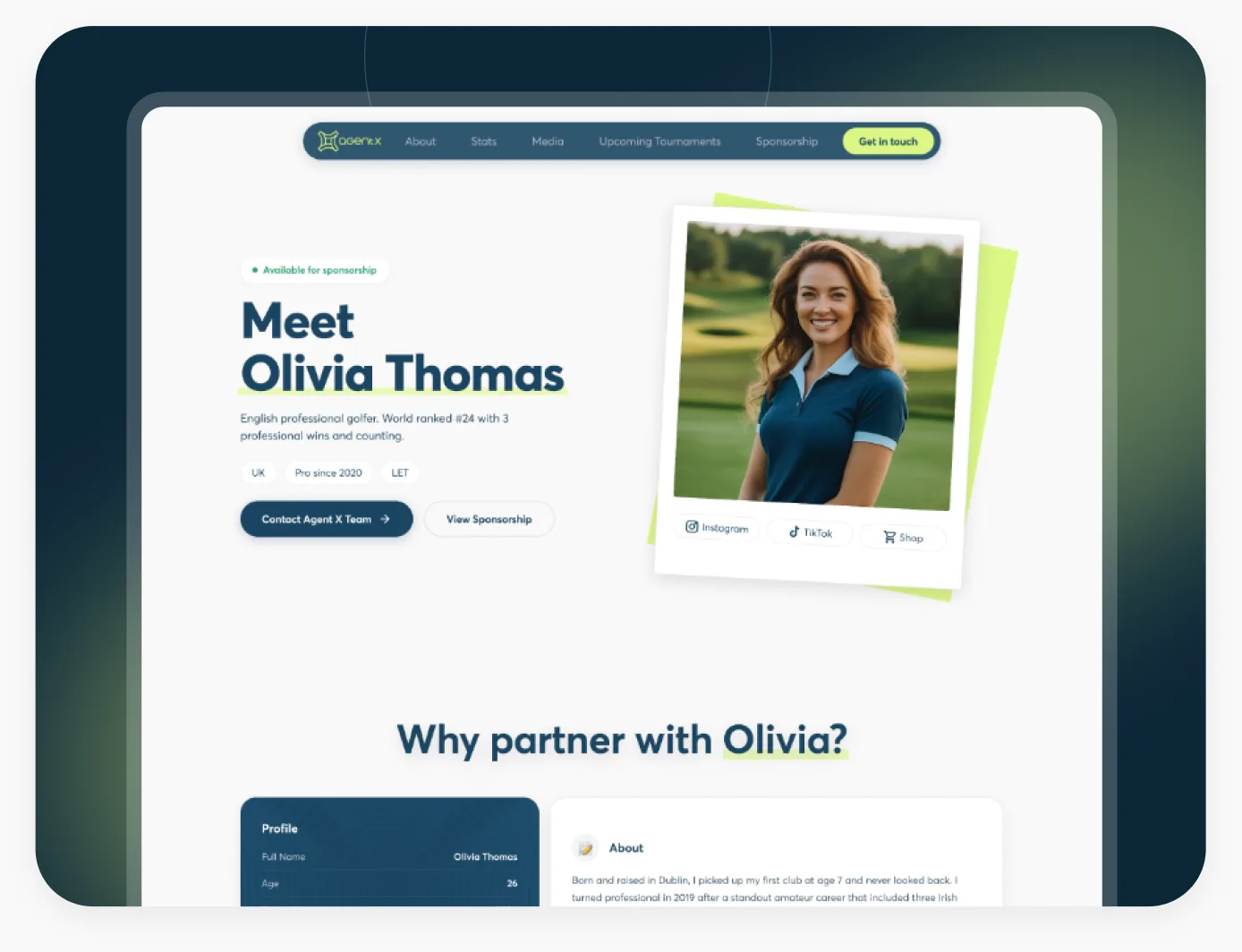 An athlete profile and partner request shown in the Sports Agent X app
