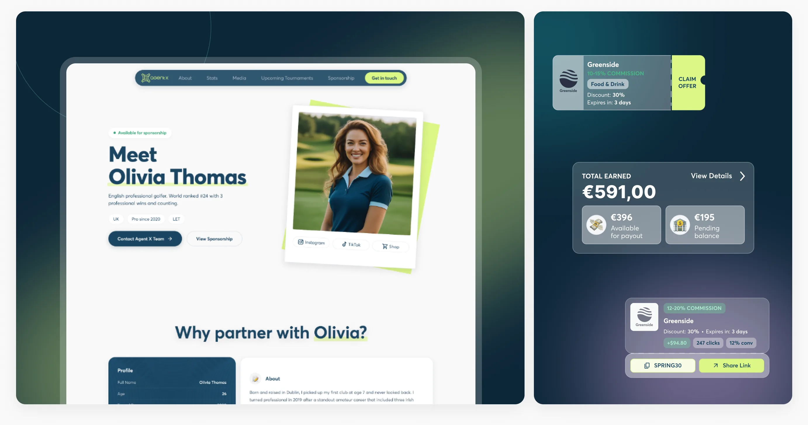 An athlete profile, income breakdown and partner request shown in the Sports Agent X app